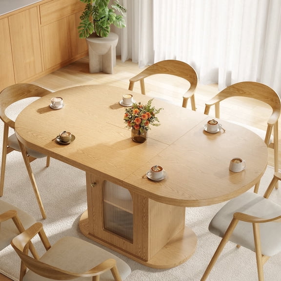 Patbrela 43.3"–59" Extendable Dining Table with Storage, Oval Dining Room Table for 4-6, Space-Saving Kitchen Table with Removable Leaves for Kitchen & Living Room, Natural