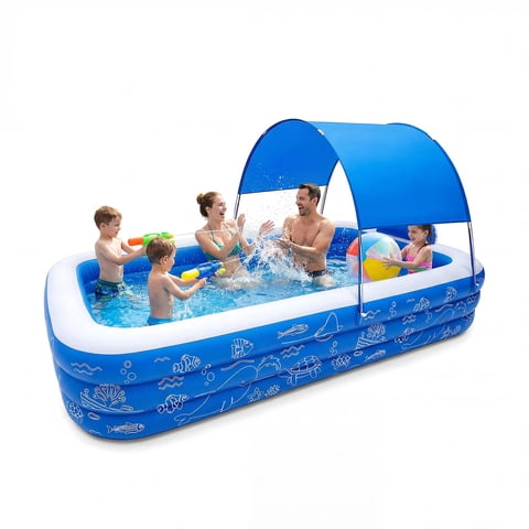 Patbrela Inflatable Pool with with Canopy, 10' Thickened Family Swimming Pool for Kids and Adults, Outdoor Kiddie Pools, Blue