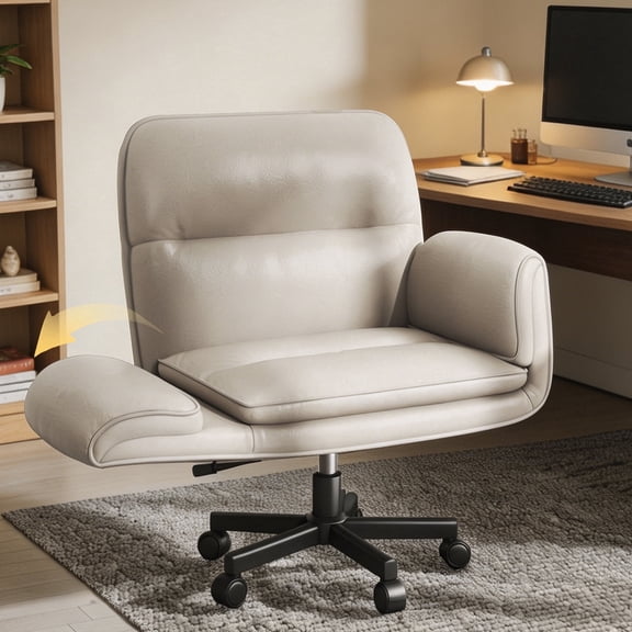 Patbrela PU Leather Office Chair, Ergonomic Criss Cross Desk Chair with Adjustable Armrests, Swivel Chair Comfy Vanity Chairs, Khaki