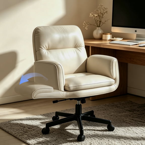 Patbrela PU Leather Office Chair, Ergonomic Criss Cross Desk Chair with Adjustable Armrests, Swivel Chair Comfy Vanity Chairs, Khaki