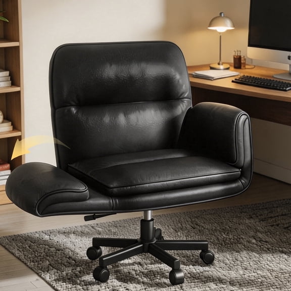 Patbrela PU Leather Office Chair, Ergonomic Criss Cross Desk Chair with Adjustable Armrests, Swivel Chair Comfy Vanity Chairs, Black