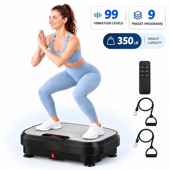 Patbrela Vibration Plate Exercise Machine, Whole Body Vibration Platform, 99 Vibration Levels, 9 Preset Programs, Resistance Bands, Remote & LED Display Controls, 350lb Capacity, Black