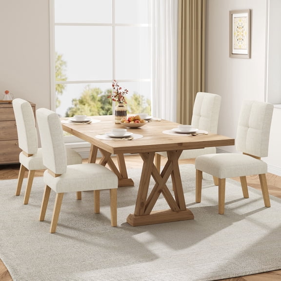 Patbrela Wooden Dining Chairs Set of 4, Linen Fabric & Cloud-Soft Cushion Dining Chairs, Sturdy Wood Legs & Reinforced Structure for Kitchen, Living Room, Restaurant, Easy Assembly, Beige