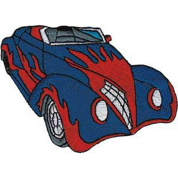Patch - Automobiles - Blue Hot Rod with Flames Iron on Embroidered Rayon Patch, 2" Multi-Colored