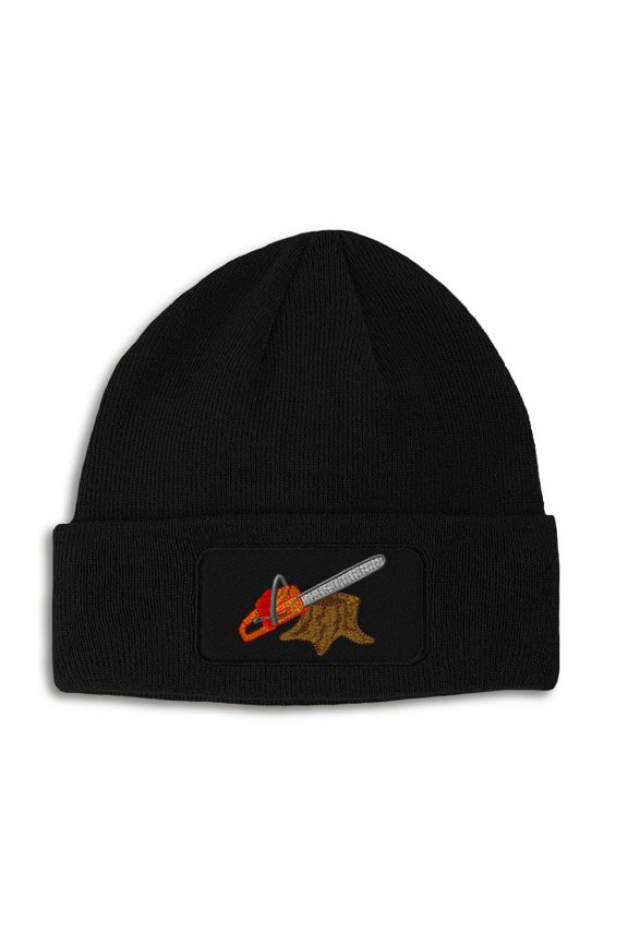 Patch Beanie Lumberjack Logger Saw Embroidery, Black