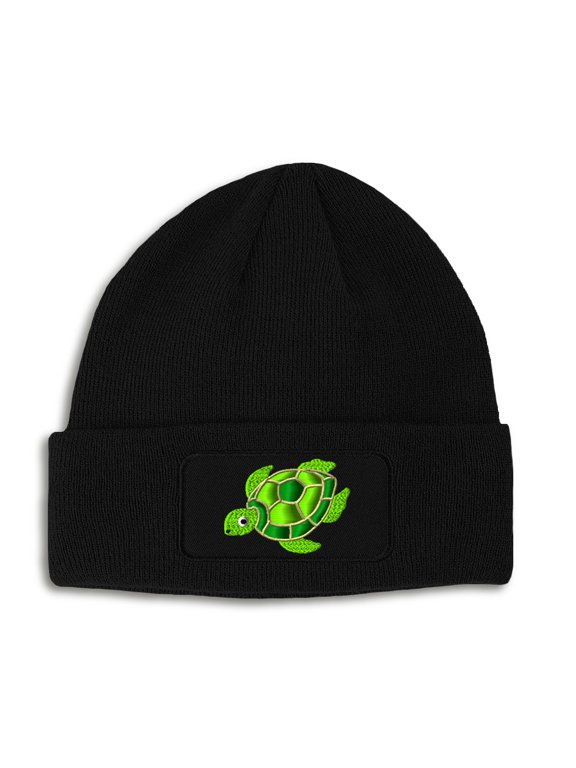Patch Beanie Swimming Sea Turtle Embroidery, One Size, Black