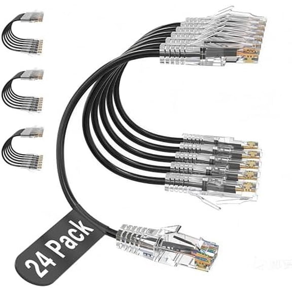 Patch Cables Cat6A 0.5ft 24-Pack, 10Gbps Support Cat8 Cat7 Network, Snagless Ethernet Patch for Short Connections, Flexible Slim Ethernet for Patch Panel, , Server Rack, Black