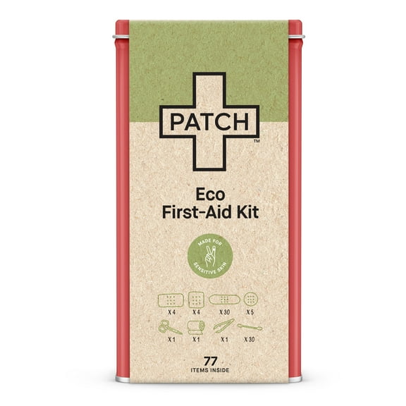 Patch Eco First Aid Kit with Bandages, Wound Spray, Gauze, Travel Tin, 77 Ct