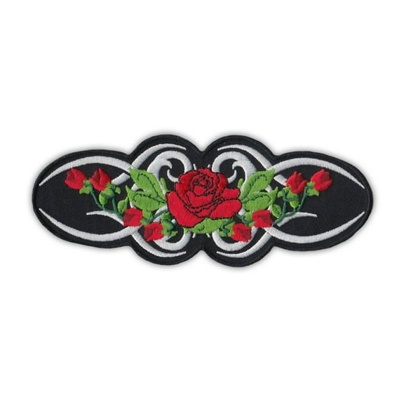 Patch, Embroidered, Lower Back, Red Rose Leaves and Thorns, 6" x 2.25"