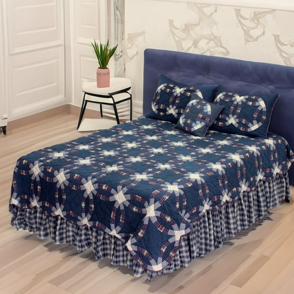 Patch Magic Blue Double Wedding Ring Lightweight Reversible Cotton Twin Quilt Adult