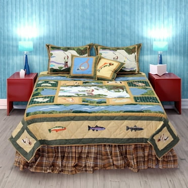 Patch Magic Quilts Rock Creek Fishing Quilt, Hand cut and Appliqued cotton fabric motifs - Twin