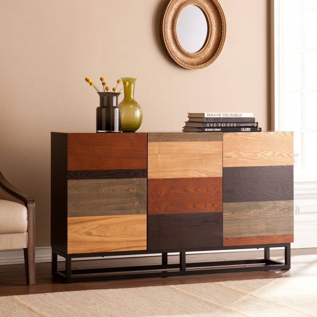 Mid-Century Modern Black and Wood Console Cabinet with Adjustable Shelving