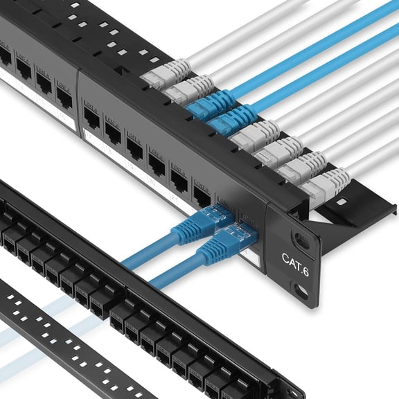 Patch Panel 24 Port Cat6 with Inline Keystone 10G Support, Pass-Thru Coupler Patch Panel UTP 19-Inch with Removable Back Bar, 1U Network Panel for Cat6, Cat5e, Cat5 Cabling