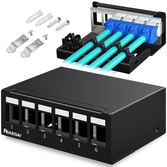 Patch Panel 6 Port Keystone Network Blank Patch Panel UTP/STP Compatible with LC/SC/ST/FC/USB/HDMI Keystone Jack for Desk Mount Home Ethernet Termination Box (1U 6 Port)