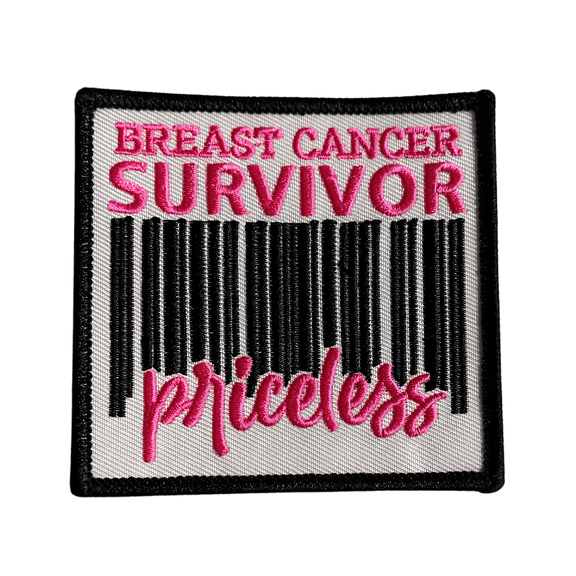 Patch Party Club, (1-pc)"Breast Cancer Survivor Priceless" Iron-On Patch, 3"x3" Pink & BlackEmbroidered Patch for Jackets, Bags, DIY Apparel