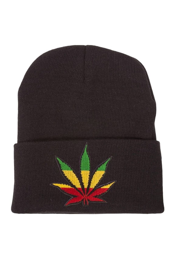 Patch Short Cuffed Beanie - Rasta Leaf