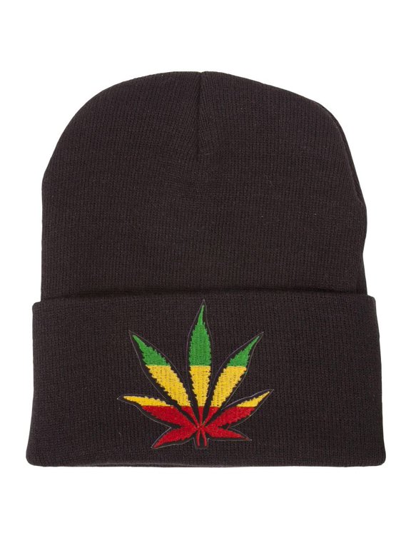 Patch Short Cuffed Beanie - Rasta Leaf