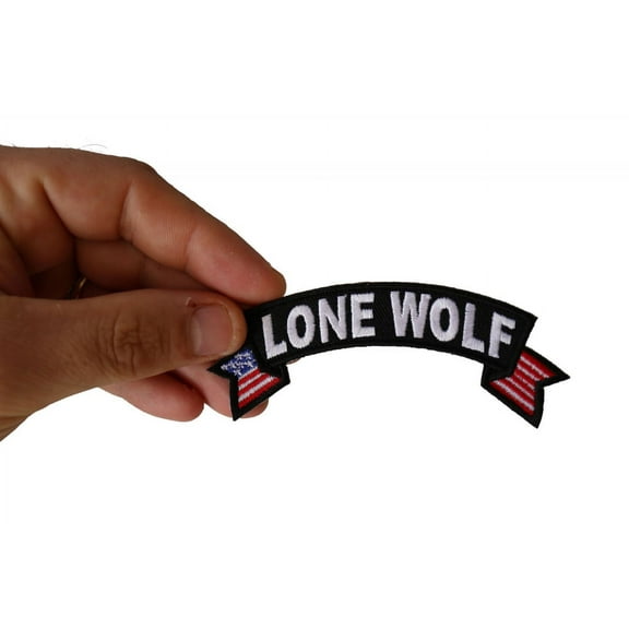 Patch, Small Embroidered Rocker (Iron-On or Sew-On), Lone Wolf United States Flag, 4" x 1.5" Arch