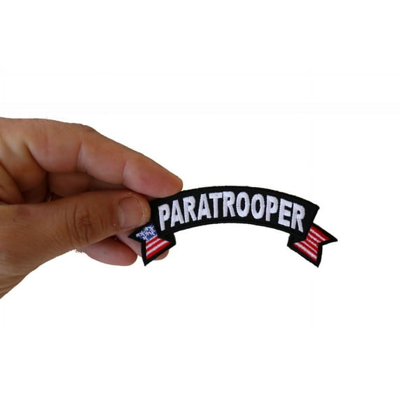 Patch, Small Embroidered Rocker (Iron-On or Sew-On), Paratrooper Military Vet United States Flag, 4" x 1.5" Arch