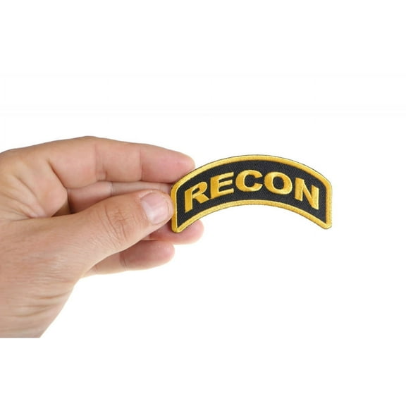 Patch, Small Embroidered Rocker (Iron-On or Sew-On), Recon Military Tactical Patch Yellow on Black, 3.5" x 1.5" Arch