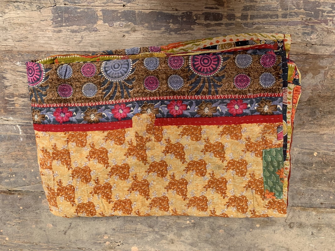 Patch Work Gudari Quilted Floral Bedspread Winter Printed Mat Indian Blanket