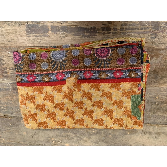 Patch Work Gudari Quilted Floral Bedspread Winter Printed Mat Indian Blanket