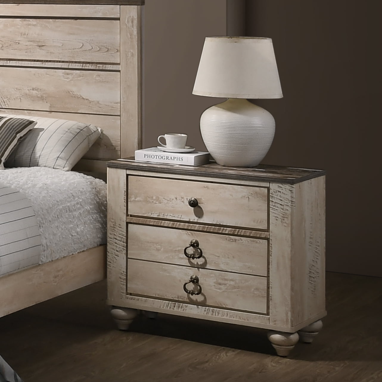 Patched Wood Top 3-drawer Nightstand, Antique Brown