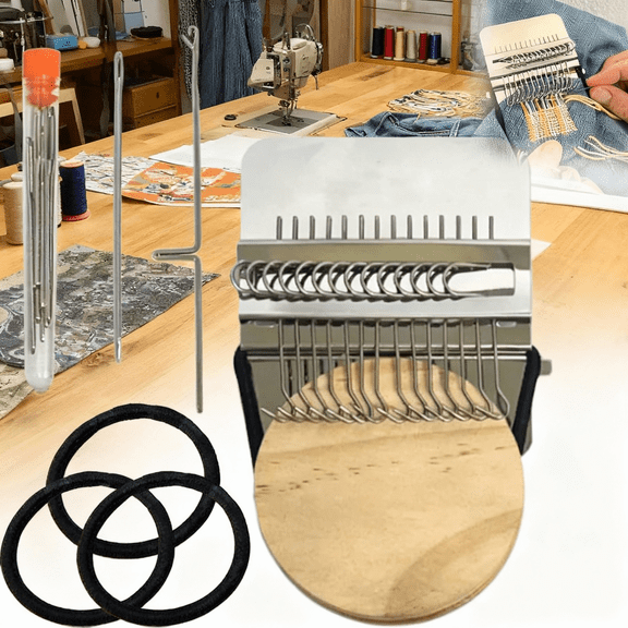 Patchmaker Kit Loom, Darning Loom Tool Set for Quick Sewing Repairs, Mini Portable Patch Loom for DIY Fabric Mending and Weaving Arts(14 Hooks)