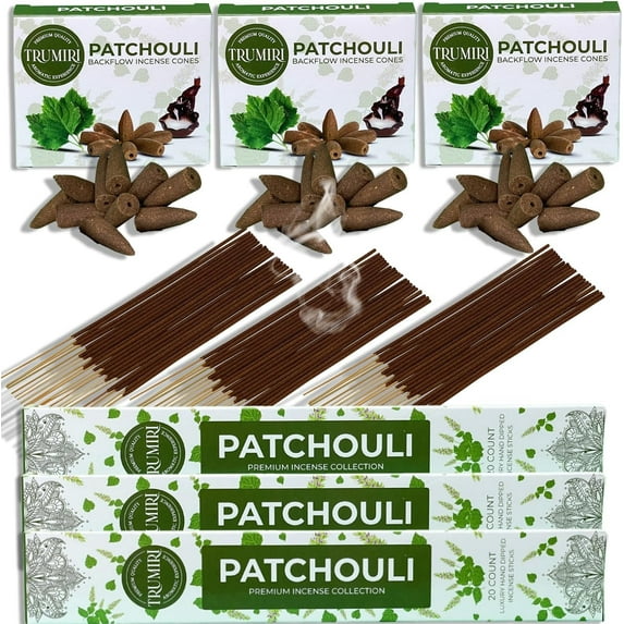 Patchouli Incense Sticks & Backflow Incense Cones for Waterfall Combo Pack - 60 Insence-Sticks + 30 Backflow Cones - Insents - Incense Waterfall Cones - Inscense