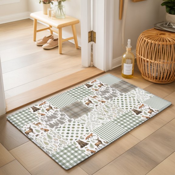 Patchwork 2'x3' Small Rugs for Entryway Front Door Kitchen Sink Area, Rustic Deer Pine Trees Wild Animals Gingham Striped Soft Sturdy Mats Washable Non Slip Rectangle Area Rug