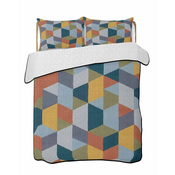 Patchwork 3 Piece Quilt Bedding Set with 2 Pillow Shams, Colorful Geometric Abstract Three Dimensional Cube Lightweight Bedspread Coverlet, Soft Breathable All Season Quilt, 79 x 90 Inch