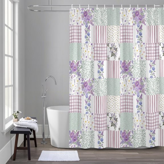 Patchwork 36x72 Inches Waterproof Shower Curtain, Rustic Purple Roses Gingham Plaid Stripe Ditsy Dots Bath Curtain Set with 12 Hooks Washable Shower Curtains for Bathroom Bathtub Decor