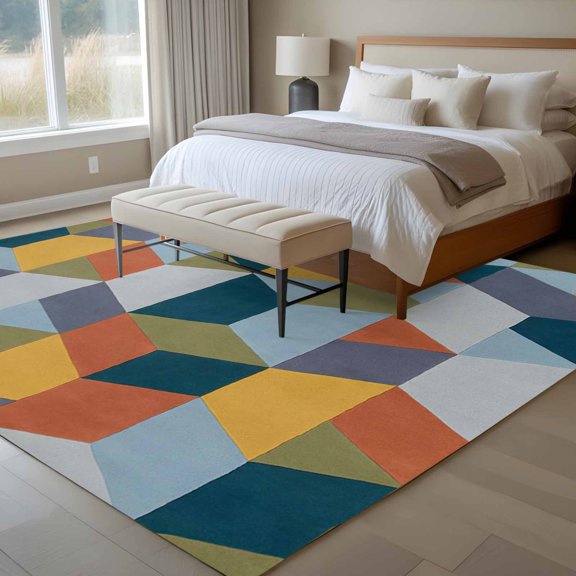 Patchwork 6x9 Rug for Dining Room Table and Chair Setup, Colorful Geometric Abstract Three Dimensional Cube Low Pile Washable Non Slip Rectangle Area Rug