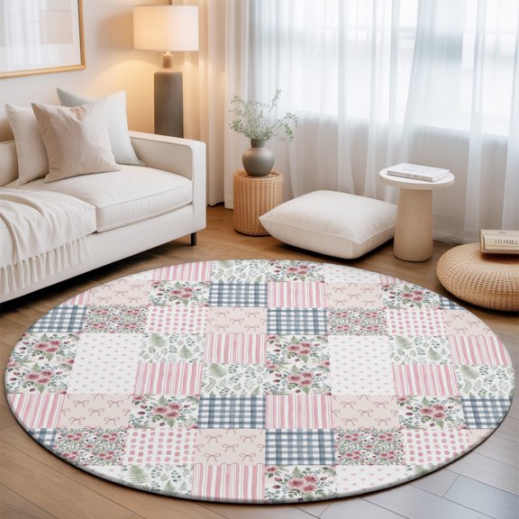 Patchwork 7' Round Rugs for Living Room Conversation Area, Rustic Pink Rose Bouquets Bow Ties Gingham Stripes Washable Non Slip Large Circle Area Rug Under Dining Table