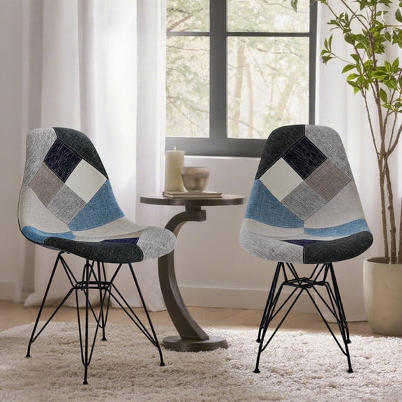 Patchwork Accent Chair Bohemian Style Fabric Chair With Chromed Legs Geometric Pattern Chair, 18"D X 21"W X 32"H, Set Of 2