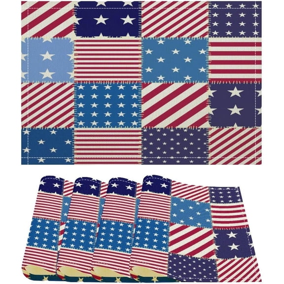 Patchwork America Flag Placemat,Vintage Art Patriotic Stripes Stars 4th of July Independence Day Linen Table Placemats Summer Seasonal Farmhouse Kitchen Party Decor Set of 4 12x18in
