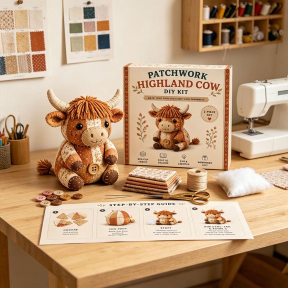 Patchwork Animal DIY Kit, Handmade Sewing Craft Kit for Animal Making, Creative Patchwork Animal Craft Project, Cute Animal DIY Set for Hobby Sewing Quilting Art Crafting Gift(Highland Cattle)