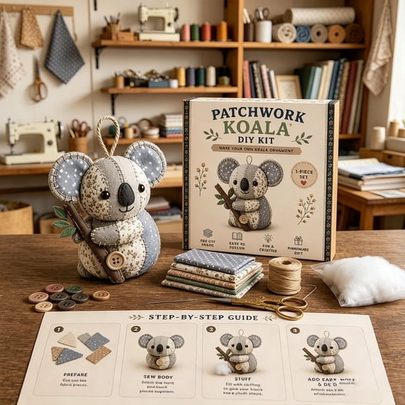 Patchwork Animal DIY Kit, Handmade Sewing Craft Kit for Animal Making, Creative Patchwork Animal Craft Project, Cute Animal DIY Set for Hobby Sewing Quilting Art Crafting Gift(Koala)