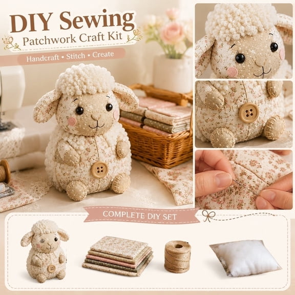 Patchwork Animal DIY Kit, Handmade Sewing Craft Kit for Animal Making, Creative Patchwork Animal Craft Project, Cute Animal DIY Set for Hobby Sewing Quilting Art Crafting Gift(Sheep)