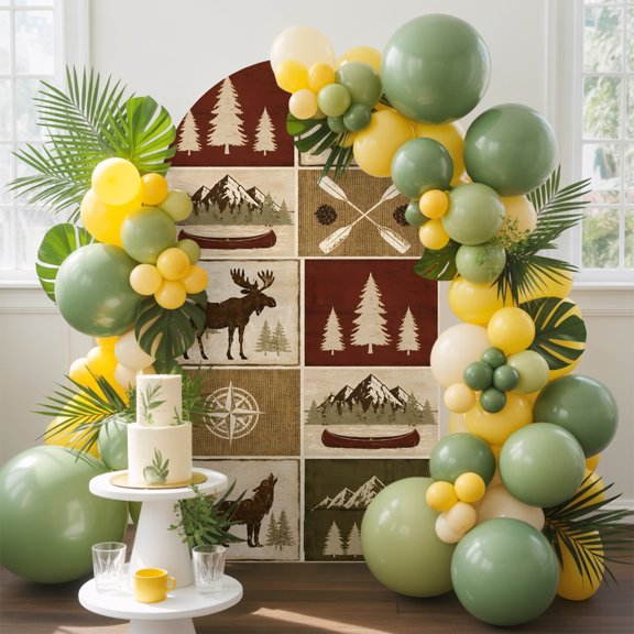 Patchwork Arch Backdrop Cover, 4FT, Rustic Bear Moose Wolf Canoe Mountain Brown Wilderness Spandex Arch Covers Double-Sided Backdrop for Wedding Birthday Party Photo Background Decoration