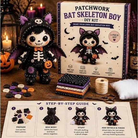 Patchwork Bat Skeleton Boy DIY Kit, Eerily Cute Witchgirls Dolls Felt Patchwork Kit, Halloween Sewing Craft Kit for Adults, Perfect for Cozy Fall Evenings