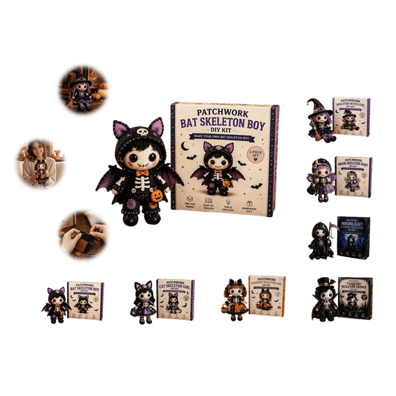 Patchwork Bat Skeleton Boy DIY Kit, Halloween Sewing Craft Kit for Adults, Beginner-Friendly Gothic Cute Handmade Doll Making Set, Great for Family Crafting Nights