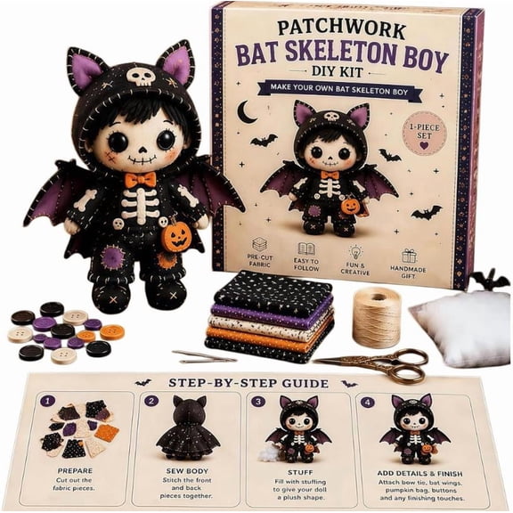 Patchwork Bat Skeleton Boy DIY Kit, Halloween Sewing Craft Kit for Adults and Teens, Create Your Own Collectible Plushie for Festive Room Decor