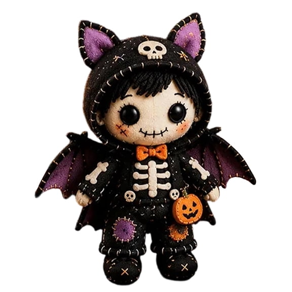 Patchwork Bat Skeleton Boy DIY Kit, Halloween Sewing Felt Doll, Spooky Cute Dark Style Craft Set for Desktop Display Gifting Collection