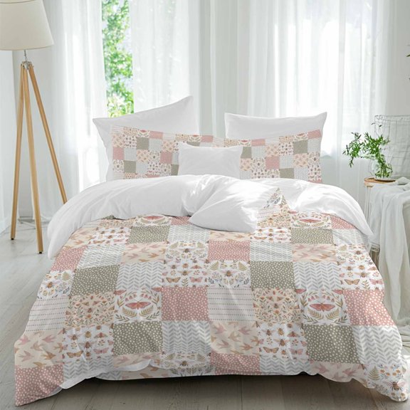 Patchwork Bedding Duvet Cover Set Full Size 4 Pieces, Rustic Floral Sprigs Moths Bees Birds Dotted Patterns Bedding Set with Zipper, 1 Comforter Cover 86x90 Inches 1 Flat Sheet & 2 Pillow Cases