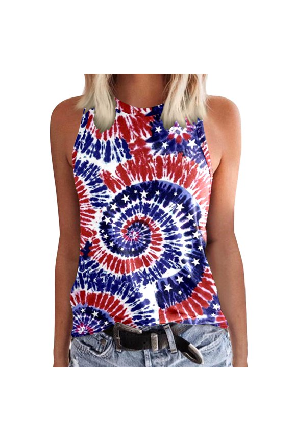 Patchwork Bicycle Print Halter Tank Top for Women 4th of July Patriotic Sleeveless Top M