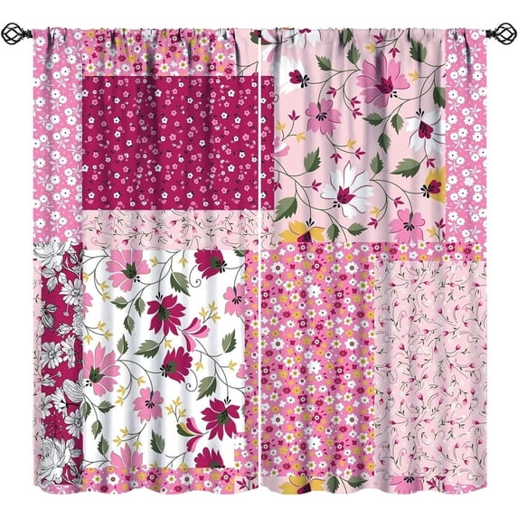 Patchwork Blackout Curtains Rustic Colorful Wildflowers Blooming Flowers Bohemian Farmhouse Country Girls Women Bedroom Living Room Rod Pocket Decoration Window Drapes 2 Panels W52xL84in