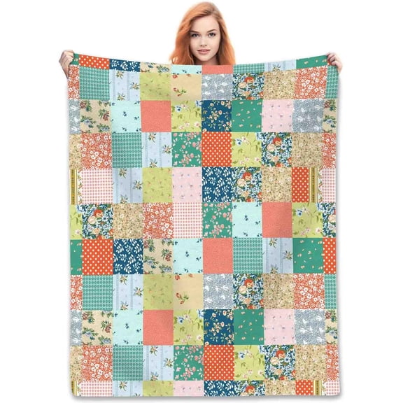 Patchwork Blanket, Boho Floral Vintage Bohemian Colorful Wild Flower Retro Pattern Stitching Fleece Fuzzy Fannel Throw Blankets for Sofa Bed Chair Couch Bedroon Living Room Gifts, 60"x80" Inch