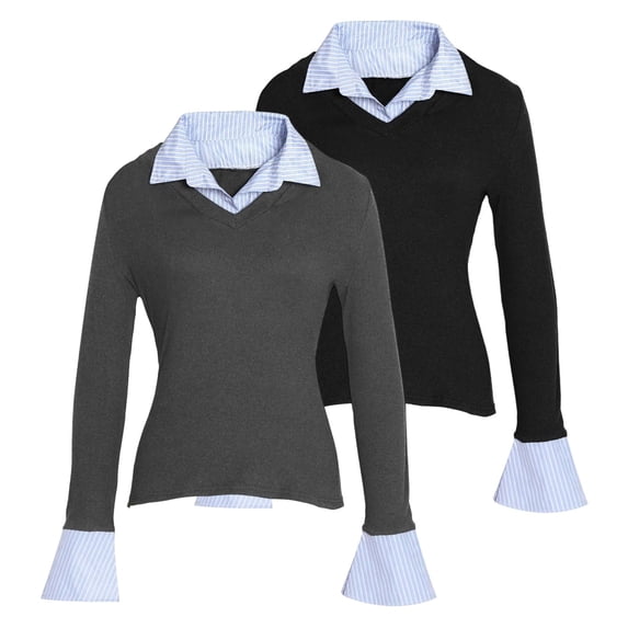 Patchwork Blouses for Women Lapel Collared Dressy Casual Color Block Business Work Tops Long Sleeve Fashion Shirts