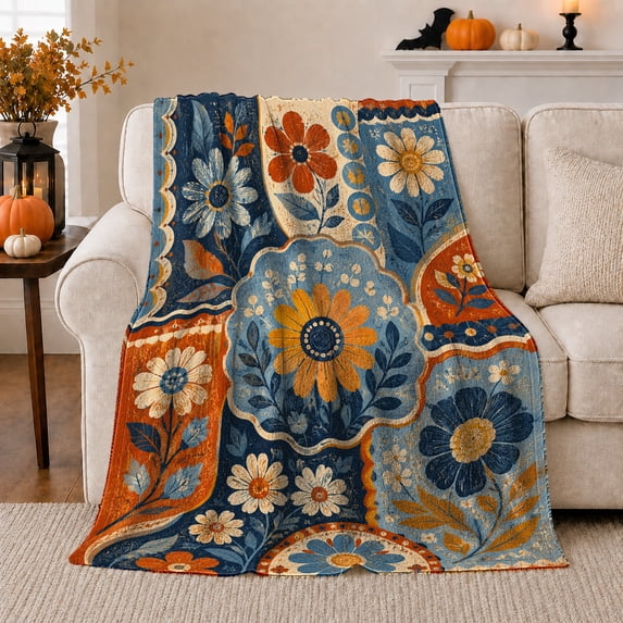 Patchwork Blue Orange Floral Flannel Blanket for Couch Sofa Bed, Vintage Botanical Home Decor for Women Men, Boho Flower Gift for Birthday Holiday Reading Lounge